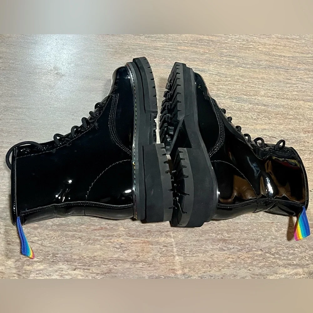 Kurt Geiger London Birdie black glossy combat boots with rainbow 🌈 stitching - Picture 8 of 16